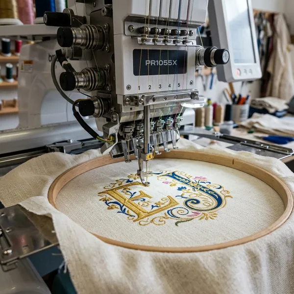 Close-up of professional multi-needle monogram embroidery machine