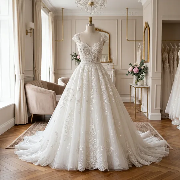Luxurious white wedding gown on a mannequin